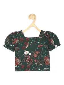 Peter England Girls Floral Printed Puff Sleeve Cotton Linen Top