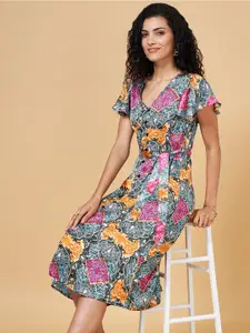 YU by Pantaloons Abstract Printed Flutter Sleeve Tie-up A-Line Midi Dress