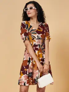 YU by Pantaloons Floral Printed V-neck Puff Sleeve A-Line Dress