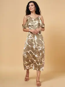 YU by Pantaloons Ethnic Motifs Printed Cold-Shoulder Fit & Flare Midi Dress