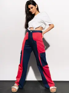 FREAKINS Women Blue & Pink Colourblocked Straight Fit High-Rise Clean Look Jeans