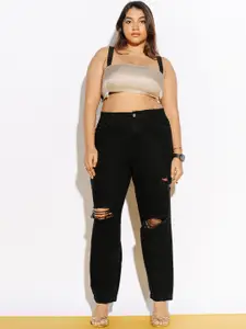 FREAKINS Women Black Straight Fit High-Rise Highly Distressed Jeans