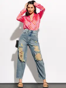 FREAKINS Women Grey Straight Fit High-Rise Highly Distressed Heavy Fade Jeans