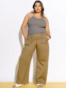 FREAKINS Women Plus Size Olive Green Straight Fit High-Rise Clean Look Cotton Cargo Jeans