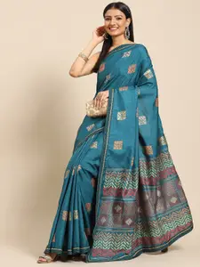 all about you Sea Green & Gold-Toned Ethnic Motifs Printed Saree