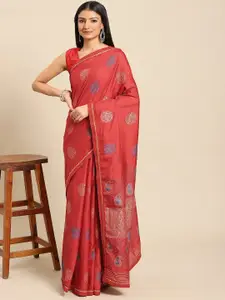 all about you Red & Blue Woven Design Beads and Stones Embellished Saree