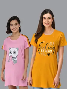 Christy World Pack Of 2 Typography Printed Pure Cotton T-Shirt Nightdress