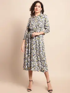 Cantabil Floral Printed Shirt Collar A-Line Midi Dress