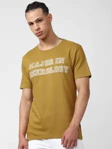 FOREVER 21 Mustard Yellow Typography Printed Round Neck Pure Cotton T-shirt