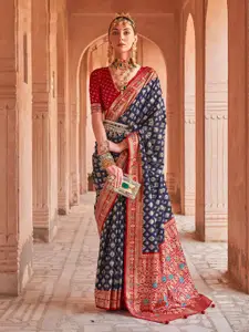 Mitera Navy Blue & Red Geometric Woven Design Zari Silk Blend Patola Saree