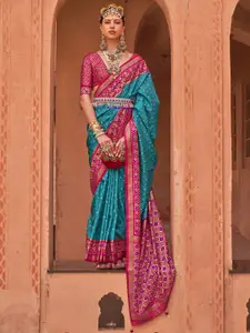 Mitera Blue & Magenta Woven Design Zari Patola Saree