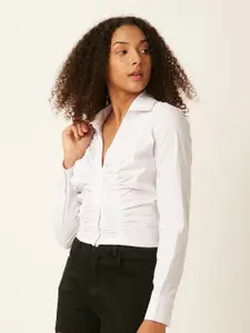 FOREVER 21 White Ruched Shirt Collar Shirt Style Top
