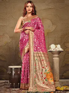 SANGAM PRINTS Floral Woven Design Zari Pure Silk Paithani Saree