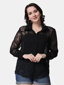 Popwings Relaxed Self Design Sheer Casual Shirt