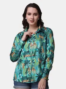 Popwings Green Relaxed Graphic Printed Satin Casual Shirt