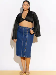 FREAKINS Plus Size Blue Straight Knee Length Pure Cotton Straight Skirt