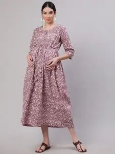 Nayo Mauve & White Floral Printed Maternity Cotton Fit & Flare Dress