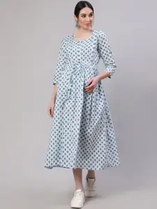 Nayo Off White & Blue Ethnic Motifs Printed Maternity Cotton Fit & Flare Dress