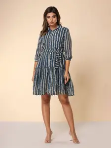 FASHION DWAR Abstract Printed Belted Cuffed Sleeves Fit & Flare Dress