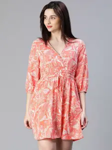 Oxolloxo Floral Printed Smocked Waist V-Neck Puff Sleeve Crepe Fit & Flare Dress