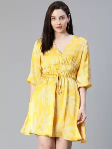 Oxolloxo Floral Printed V-Neck Puff Sleeves Fit & Flare Dress