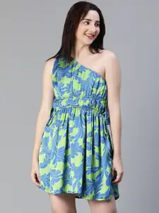 Oxolloxo Floral Printed One-Shoulder Fit & Flare Mini Dress