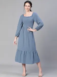 Oxolloxo Solid Smocked Puff Sleeve Tiered Cotton Fit & Flare Midi Dress