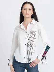 SHAYE Floral Printed Classic Opaque Cotton Casual Shirt With Tie-Ups Details