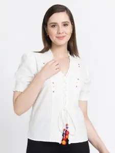 SHAYE V-Neck Puff Sleeves Pure Cotton Shirt Style Top With Smocked & Tie-Ups Details