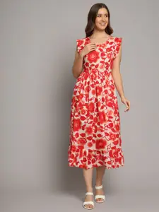 DECKEDUP Floral Printed Flutter Sleeves Cotton Fit & Flare Midi Dress