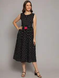 DECKEDUP Ethnic Motifs Printed Tie-Up Neck Cotton A-Line Midi Dress