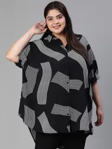 Oxolloxo Plus Size Abstract Printed Extended Sleeves High-Low Casual Shirt