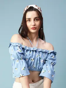 Oxolloxo Floral Printed Gathered Tie-Up Neck Bell Sleeve Ruffles Bardot Crop Top