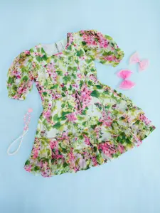 Pantaloons JuniorGirls Floral Printed Puff Sleeve Smocking Cotton Fit & Flare Dress
