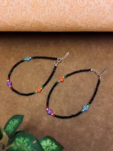 ATIBELLE Set Of 2 Silver-Plated Stone Studded & Beaded Anklets