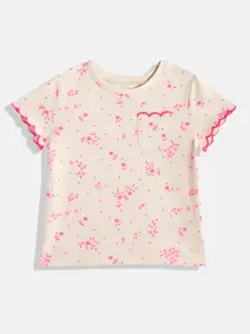 NEXT Girls Floral Print Knitted Pure Cotton Pockets T-shirt With Scalloped Detail