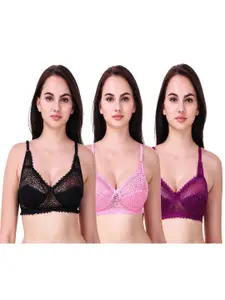 Piylu Pack Of 3 Floral Lace Cotton Everyday Bra With Full Coverage Non-Wired Non Padded