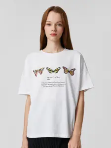 Koton Graphic Printed Drop Shoulder Sleeves Pure Cotton T-shirt