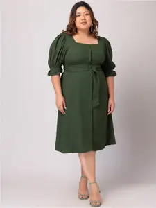 FabAlley Curve Plus Size Square Neck Puff Sleeves A-Line Dress