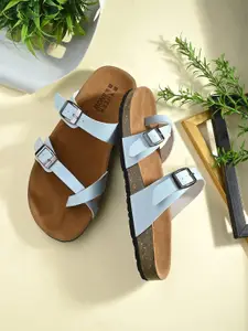 HERE&NOW Blue Buckled Cork Finish One Toe Flats