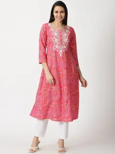 Saffron Threads Floral Print Chikankari Embroidery Pure Cotton A-Line Kurta