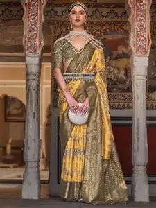 Anouk Yellow & Olive Green Ethnic Motifs Woven Design Zari Banarasi Saree