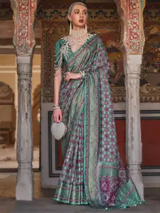 Anouk Burgundy & Blue Geometric Woven Design Zari Banarasi Saree