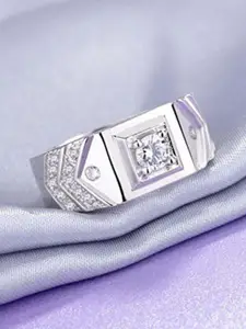 MYKI Silver-Plated CZ-Studded Stainless Steel Finger Ring