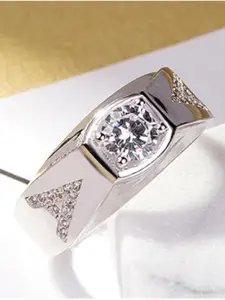 MYKI Sterling Silver Silver-Plated CZ-Studded Adjustable Finger Ring