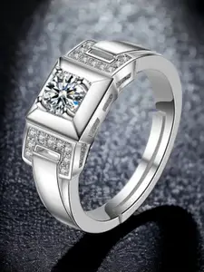 MYKI Men Sterling Silver Silver-plated CZ-Studded Solitaire Adjustable Finger Ring