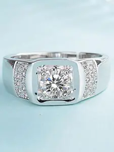 MYKI Silver-Plated CZ-Studded Stainless Steel Finger Ring