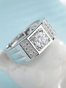 MYKI Men Silver-Plated CZ-Studded Adjustable Finger Ring