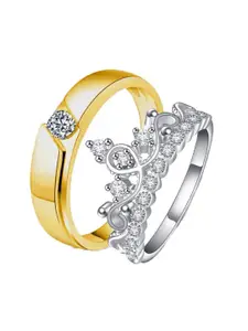 MYKI Set Of 2 Silver-Plated & Gold-Plated CZ-Studded Adjustable Stainless Steel Ring
