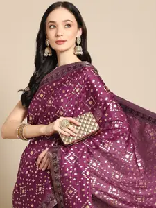 all about you Purple & Gold Geometric Poly Silk Zari Saree With Blouse Piece